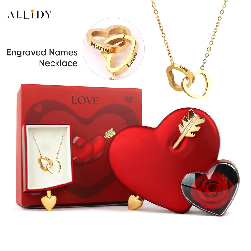 Personalized Engraved Name Double Love Pendant Necklace and Rose Jewelry Gift Box