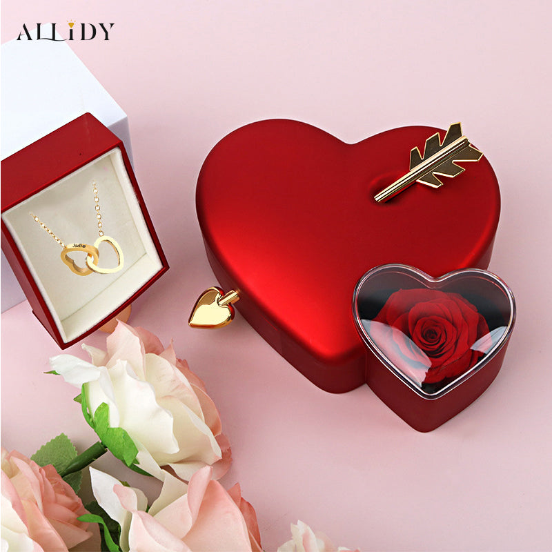 Personalized Engraved Name Double Love Pendant Necklace and Rose Jewelry Gift Box