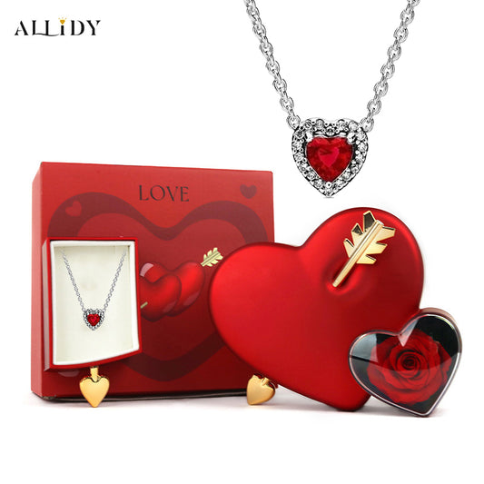 Luxurious Red Heart Pendant Women's Necklace with Arrow Through Heart Rose Jewelry Gift Box