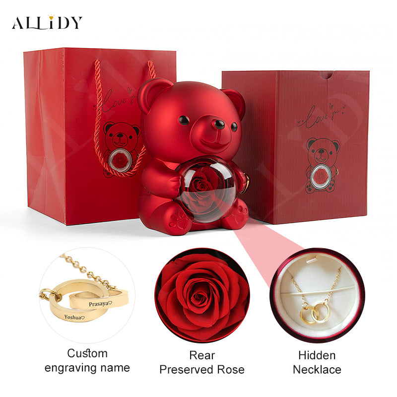 Eternal Rose Teddy Bear with Engraved Necklace