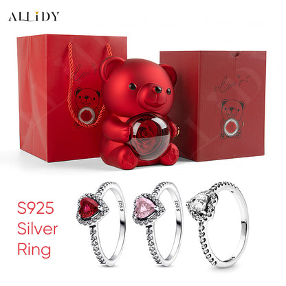 Rose Bear Jewelry Box 925 Silver Heart Series Simple Ring