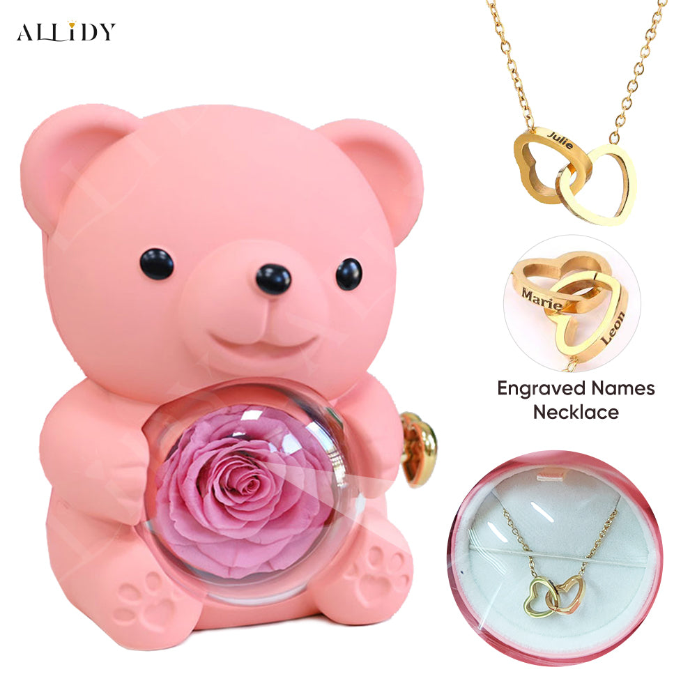 Eternal Rose Teddy Bear with Engraved Necklace