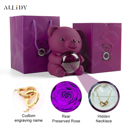 Eternal Rose Teddy Bear with Engraved Necklace