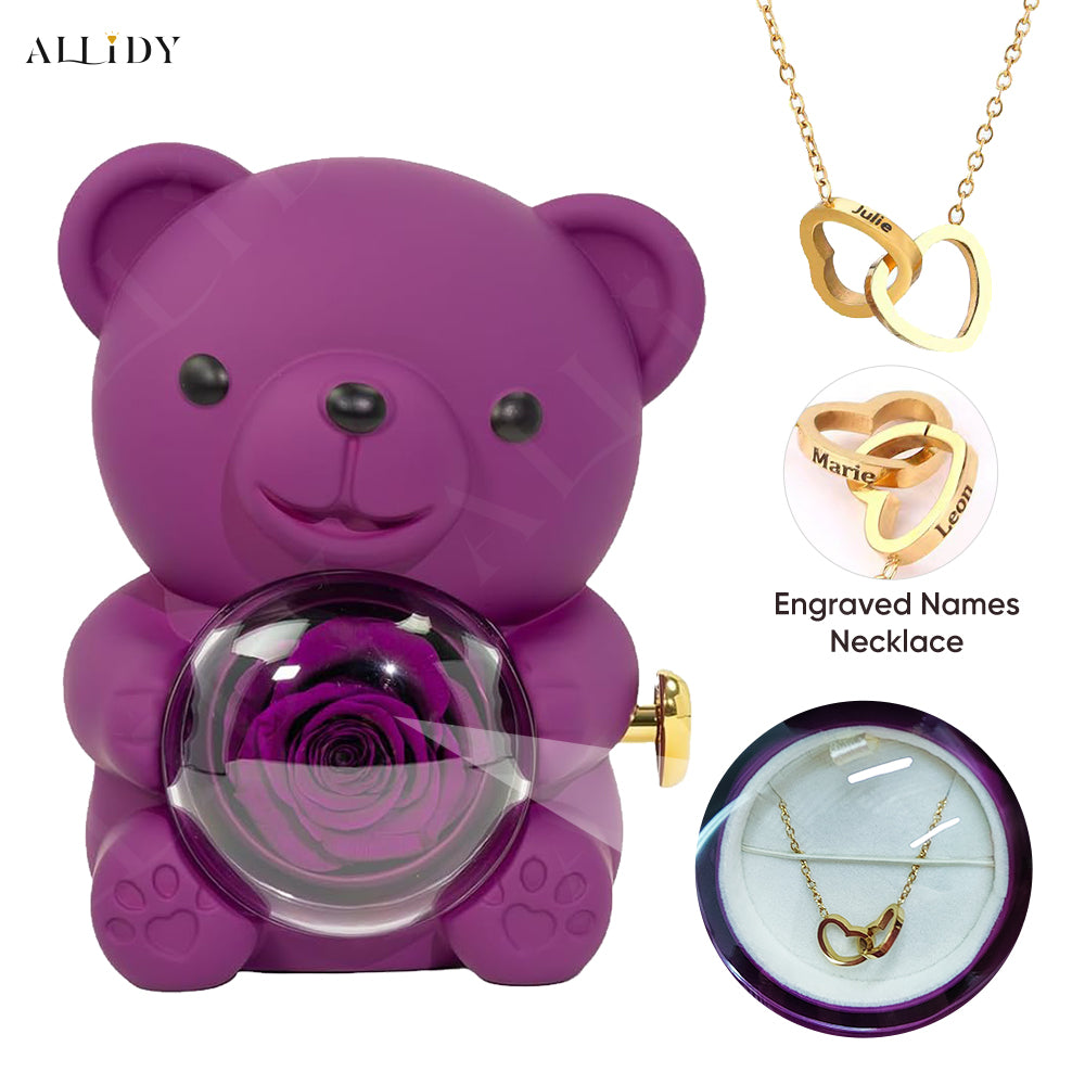 Eternal Rose Teddy Bear with Engraved Necklace