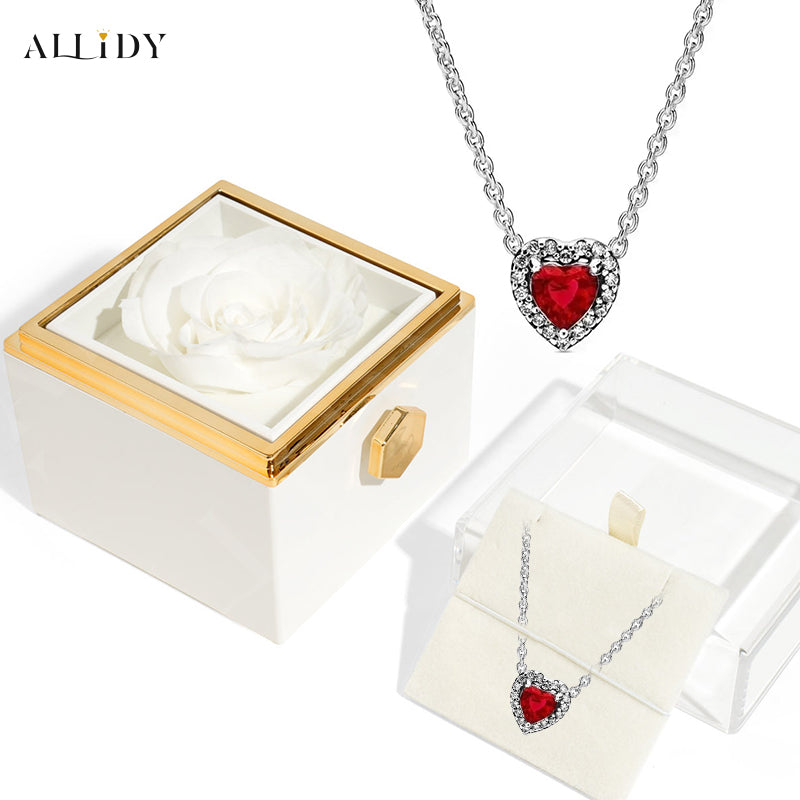 New Classic Red Heart-shaped Ring Bracelet Necklace Exquisite Luxury Charm Jewelry fit Festival Gifts with Rotate Real Rose Jewelry Gift Box