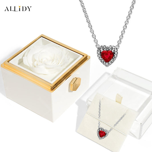 New Classic Red Heart-shaped Ring Bracelet Necklace Exquisite Luxury Charm Jewelry fit Festival Gifts with Rotate Real Rose Jewelry Gift Box