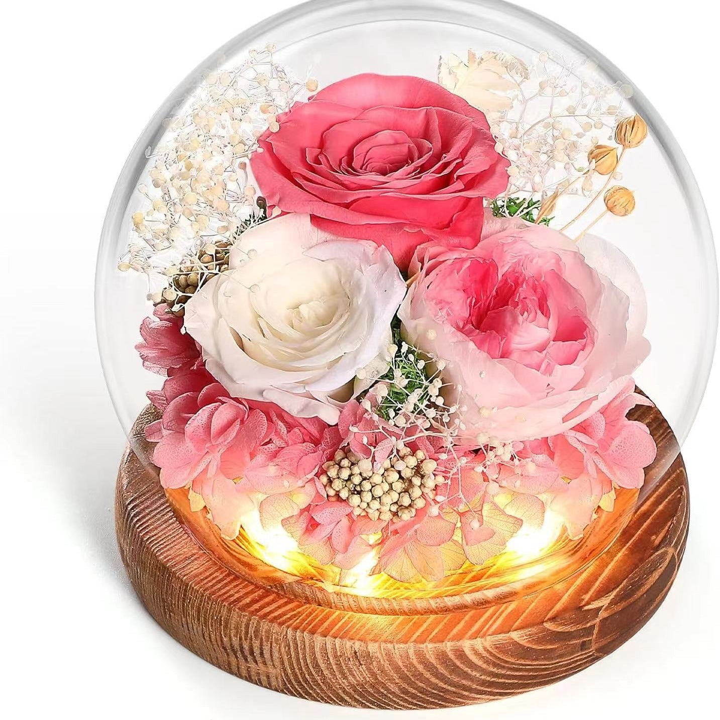 Preserved Real Rose in Glass Dome with LED Strip