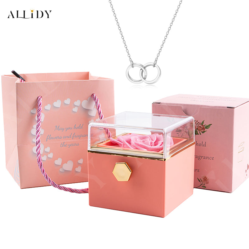 Real Preserved Rose Rotating Jewelry Gift Box with Engraved Necklace