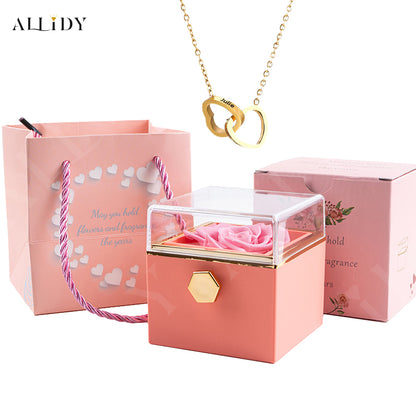 Real Preserved Rose Rotating Jewelry Gift Box with Engraved Necklace