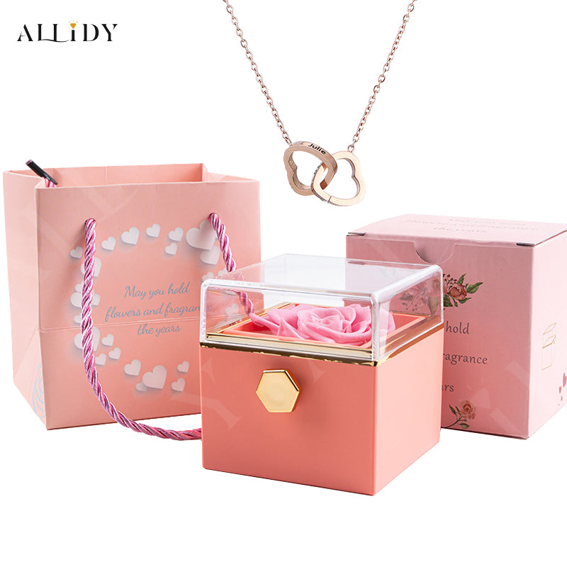 Real Preserved Rose Rotating Jewelry Gift Box with Engraved Necklace