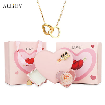 Personalized Engraved Name Double Love Pendant Necklace and Rose Jewelry Gift Box