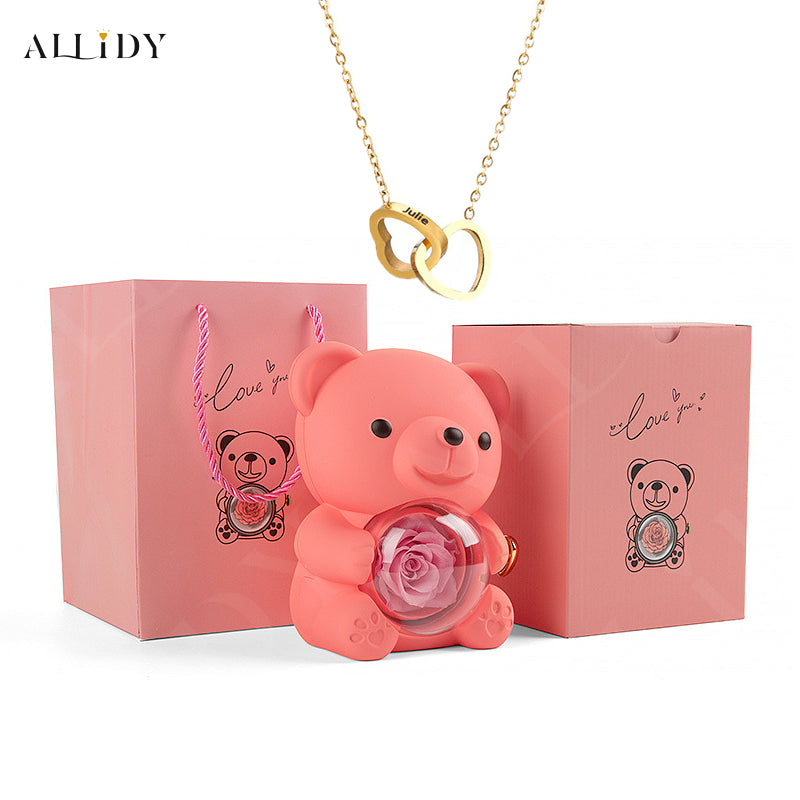 Eternal Rose Teddy Bear with Engraved Necklace