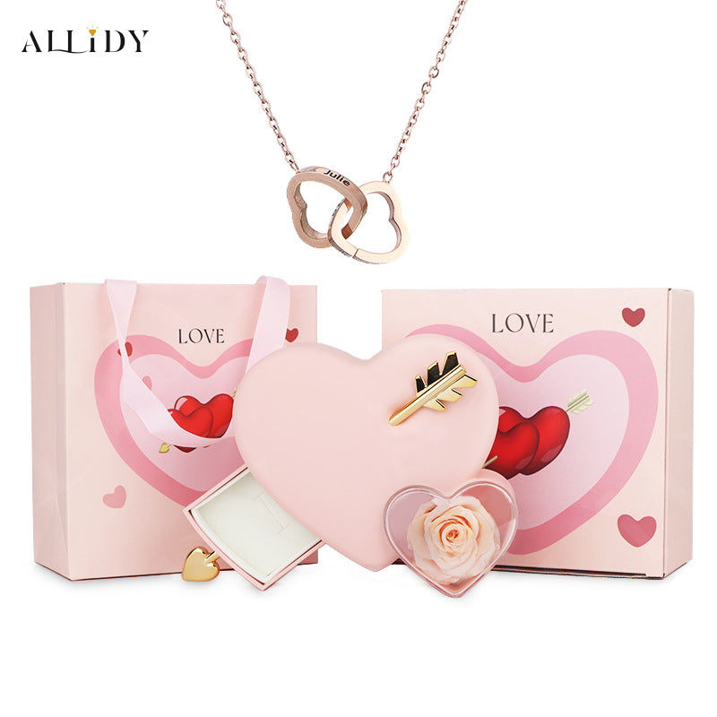 Personalized Engraved Name Double Love Pendant Necklace and Rose Jewelry Gift Box