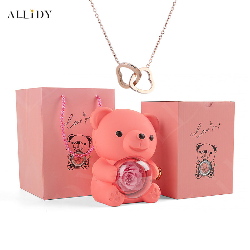 Eternal Rose Teddy Bear with Engraved Necklace