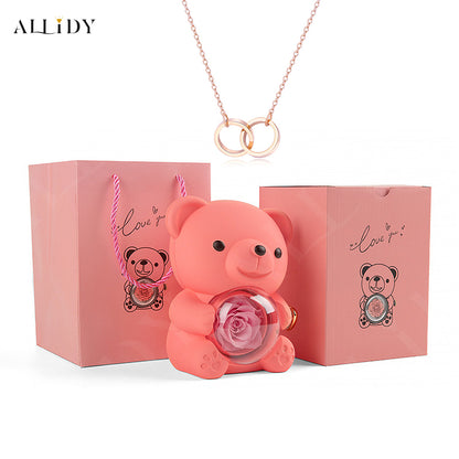 Eternal Rose Teddy Bear with Engraved Necklace