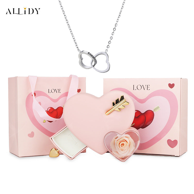 Personalized Engraved Name Double Love Pendant Necklace and Rose Jewelry Gift Box