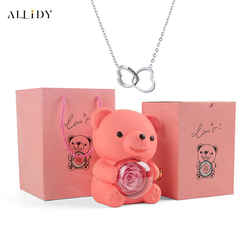 Eternal Rose Teddy Bear with Engraved Necklace