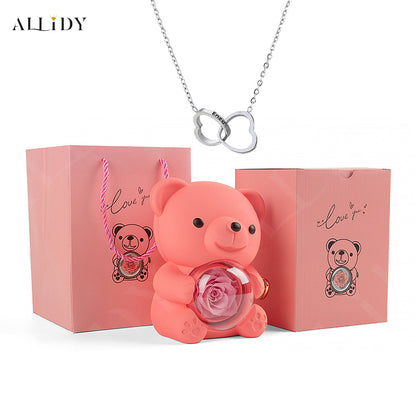 Eternal Rose Teddy Bear with Engraved Necklace