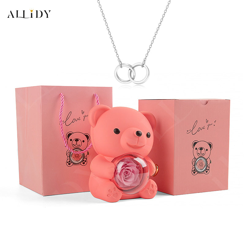 Eternal Rose Teddy Bear with Engraved Necklace