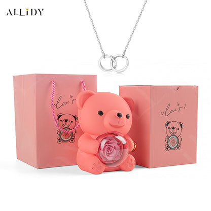 Eternal Rose Teddy Bear with Engraved Necklace