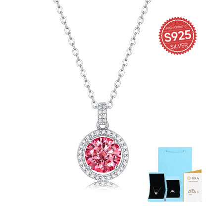 S925 Silver Necklace Round Moissanite Pendant Pink Jewelry