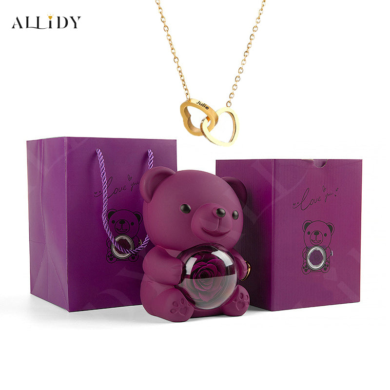 Eternal Rose Teddy Bear with Engraved Necklace