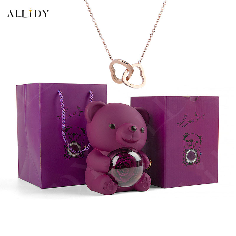 Eternal Rose Teddy Bear with Engraved Necklace