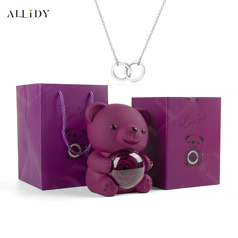 Eternal Rose Teddy Bear with Engraved Necklace