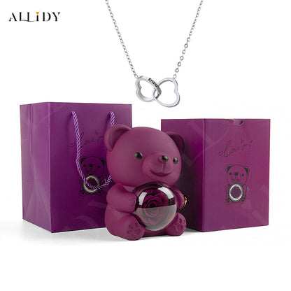 Eternal Rose Teddy Bear with Engraved Necklace