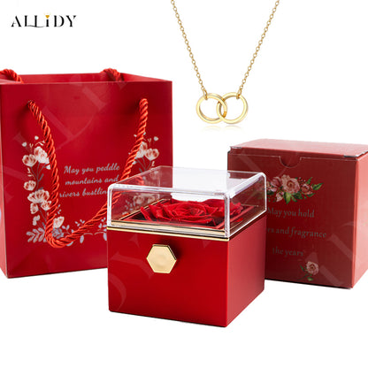 Real Preserved Rose Rotating Jewelry Gift Box with Engraved Necklace