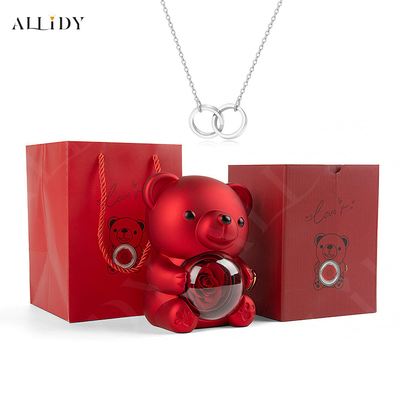 Eternal Rose Teddy Bear with Engraved Necklace