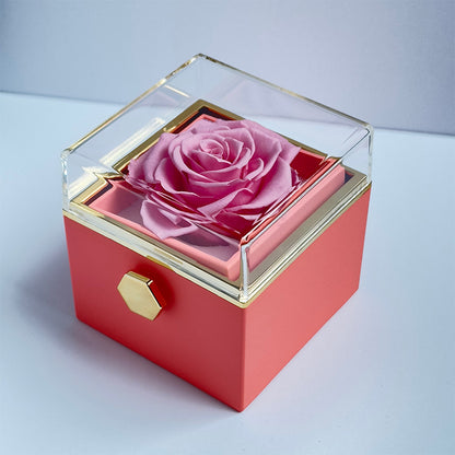 Real Preserved Rose Rotating Jewelry Gift Box with Engraved Necklace