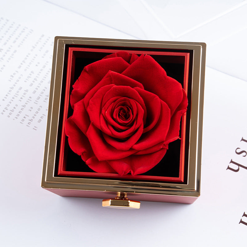 Real Preserved Rose Rotating Jewelry Gift Box with Engraved Necklace