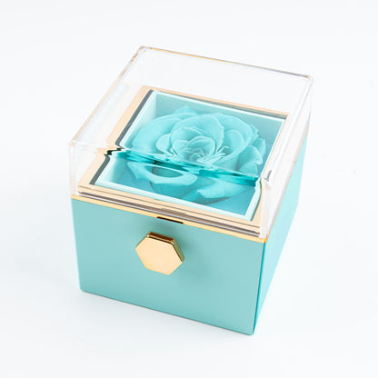 Real Preserved Rose Rotating Jewelry Gift Box with Engraved Necklace