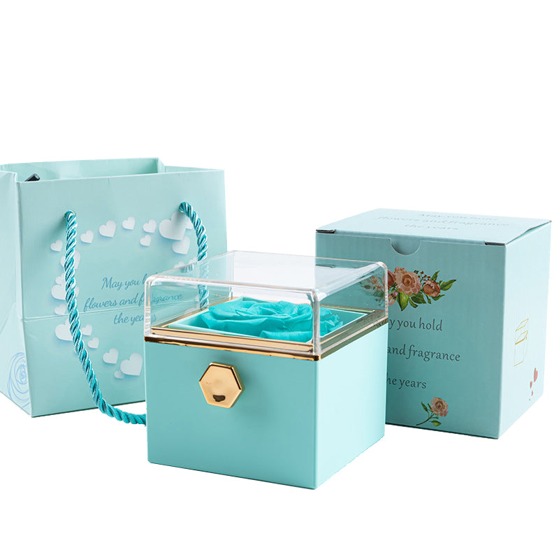 Real Preserved Rose Rotating Jewelry Gift Box with Engraved Necklace