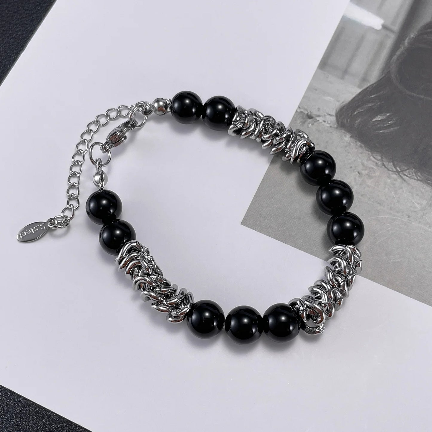 Unisex Black Glass Bead Bracelet – Minimalist Titanium Steel Wristband, High-End Stainless Steel Jewelry for Men & Women