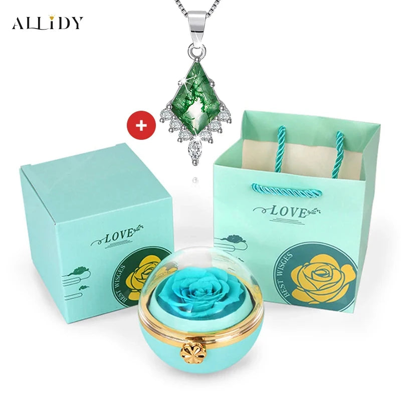 Creative Natural Green Moss Stone Pendant Stainless Steel Necklace With Real Preserved Rose Jewelry Box Christmas Gifts Set