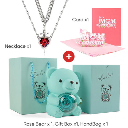 Mother's Day 3D Card Red Zircon Heart and Sword Necklace Double Necklace Real Rose Hug Bear Mothers Day Jewelry Gift Set for Mom