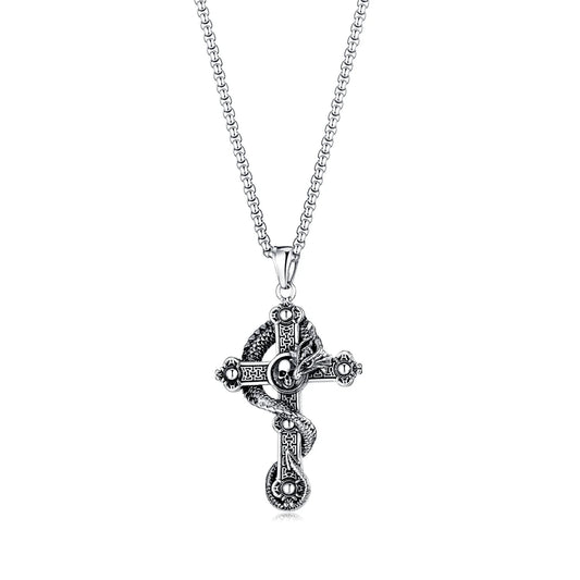 Vintage Dragon Skull Cross Necklace for Men – Gothic Titanium Steel Hip Hop Pendant Jewelry