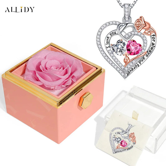 Rose Heart-Shaped Diamond-Inlaid Necklace for Women – Fashion Clavicle Chain with Eternal Preserved Rose Gift Box