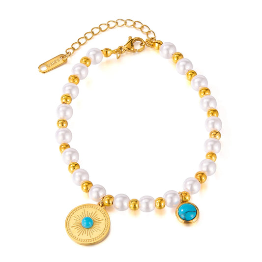 Vintage French Style Geometric Pearl Turquoise Bracelet – Creative Stainless Steel Chain Jewelry for Women