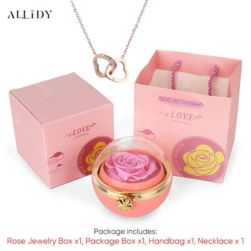 New Surprise Gift Idea Preserved Rose Round Ring or Necklace Jewelry Gift Box with Engraved Name Necklace for Girl Friend Mum