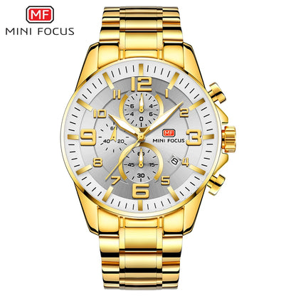MINIFOCUS Golden Mens Luxury Watch Bold Large Dial Luminous Waterproof Stainless Steel Best Seller Middle East for Business Man