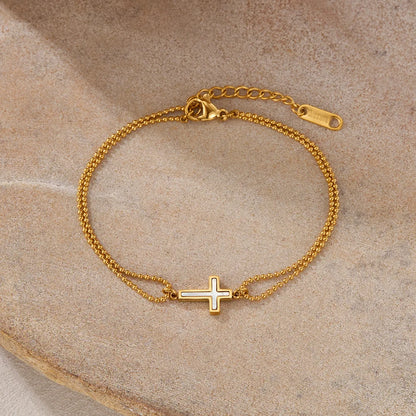 Minimalist Double Layer Cross Stainless Steel Bracelet for Women – Stylish Beaded Chain Jewelry