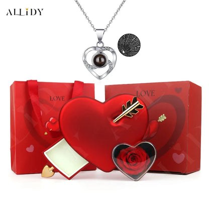 Allidy - Valentine's Day Creative Heart-piercing Rose Jewelry Box and 100 Languages I Love You Projection Necklace Gift Set