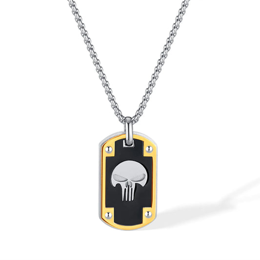 Men’s Skull Dog Tag Pendant Necklace – Hip Hop Military Style Stainless Steel Chain