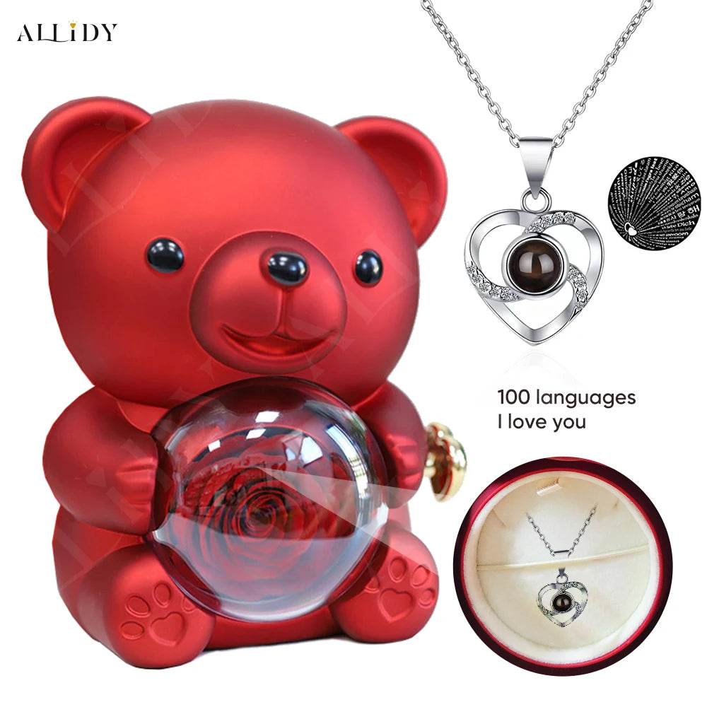 Eternal Rose Teddy Bear Gifts Box with Necklace Rotate Rose Jewelry Box Valentine Wedding Storage Gift Case for Women Girlfriend