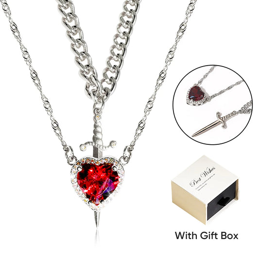 Heart and Sword Zircon Crystal Necklace 2pcs Women New Fashion Double Chain Pendant Female Mother's Day Gifts for Mom/Women