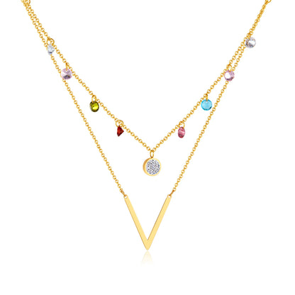 Trendy Double Layer Clavicle Necklace – Minimalist Stainless Steel Chain with Colorful Zircon for Women