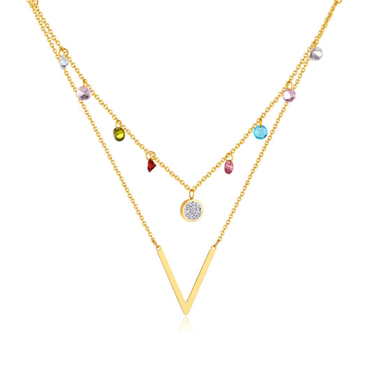 Trendy Double Layer Clavicle Necklace – Minimalist Stainless Steel Chain with Colorful Zircon for Women